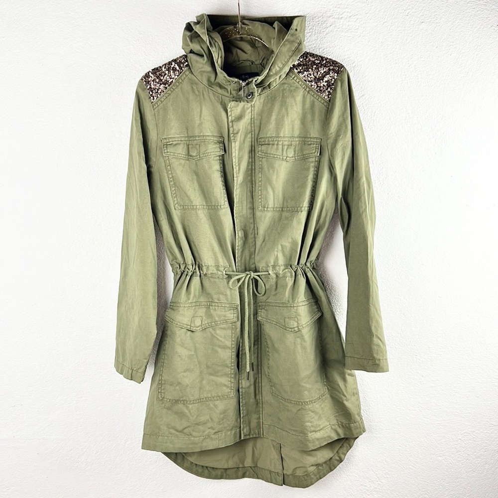 ELLOS |🪖💛Army Green Hooded Gold Sparkly Shoulders Long Trench Coat